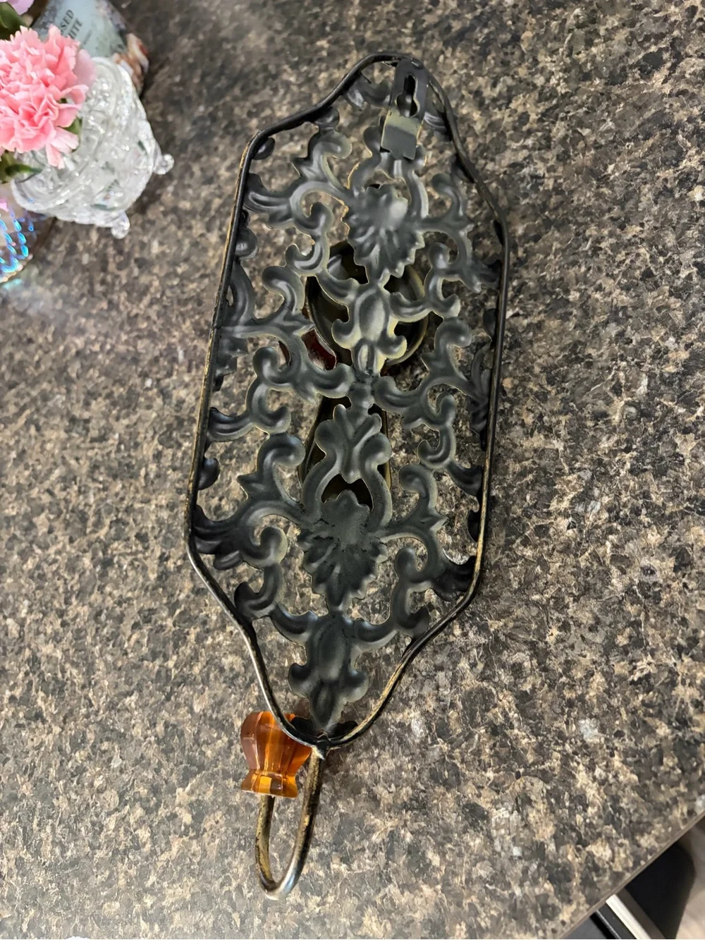 Antique-Style Ornate Metal Wall Hook with Amber and Ruby Accents